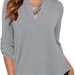 roswear Women's Business Casual V Neck Cuffed Sleeves Work Blouse Top